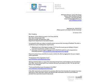 2019offer：恭喜朱同學(xué)獲得謝菲爾德大學(xué)全球新聞學(xué)專業(yè)碩士通知書