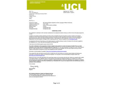 2019offer：恭喜季同學(xué)獲得倫敦大學(xué)學(xué)院對外英語教學(xué)專業(yè)碩士通知書