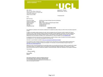 2019offer：恭喜王同學獲得倫敦大學學院經濟、國家與社會經濟商務專業碩士通知書