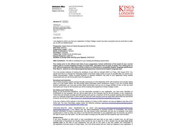 2019offer：恭喜吳同學獲得倫敦大學國王學院數字資產與媒體管理專業碩士通知書