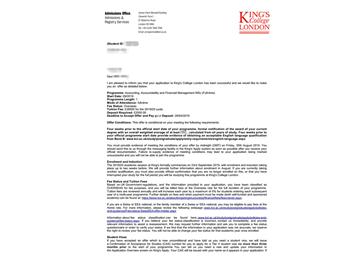 2019offer：恭喜吳同學獲得倫敦大學國王學院（世界排名：31）會計、問責與財務管理專業碩士通知書