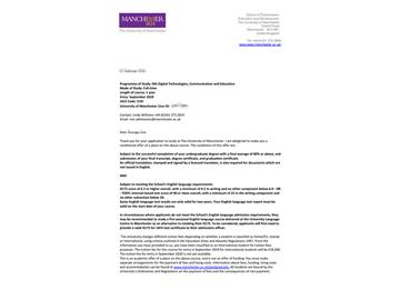 2019offer：恭喜吳同學獲得曼徹斯特大學（世界排名：29）數字技術、通信與教育專業碩士通知書