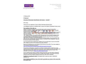 2019offer：恭喜孫同學獲得曼徹斯特大學（世界排名：29）計量金融專業碩士通知書。
