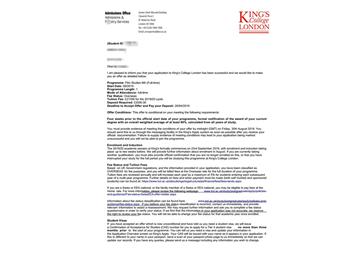 2019offer：恭喜王同學(xué)獲得倫敦大學(xué)國(guó)王學(xué)院（世界排名：31）電影研究專業(yè)碩士通知書