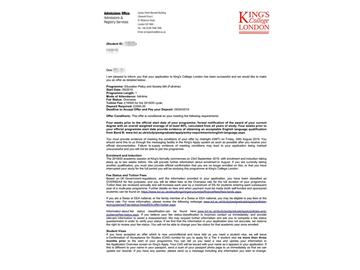 2019offer：恭喜林同學(xué)獲得倫敦大學(xué)國(guó)王學(xué)院（世界排名：31）教育政策與社會(huì)專業(yè)碩士通知書