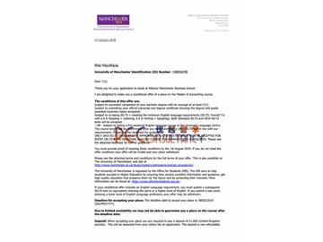 2019offer：恭喜林同學(xué)獲得曼徹斯特大學(xué)（世界排名：29）會(huì)計(jì)學(xué)專業(yè)碩士通知書