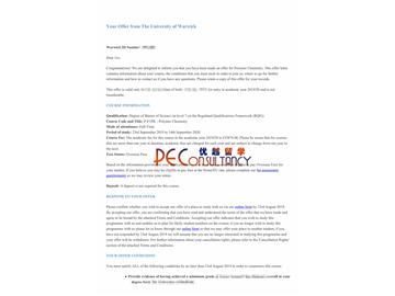 2019offer：恭喜丁同學(xué)獲得華威大學(xué)（世界排名：54）高分子化學(xué)專業(yè)碩士通知書(shū)