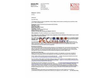2019offer：恭喜錢同學獲得倫敦大學國王學院(世界排名：31)旅游環境與發展專業碩士通知書