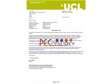 2020offer：恭喜吳同學獲得倫敦大學學院(世界排名：8)藥物研發(fā)專業(yè)碩士通知書