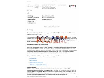 2020offer：恭喜丁同學獲得曼徹斯特大學(世界排名：27)材料科學與工程專業(yè)本科通知書