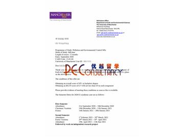 2020offer：恭喜李同學獲得曼徹斯特大學(世界排名：27)污染與環(huán)境控制專業(yè)碩士通知書