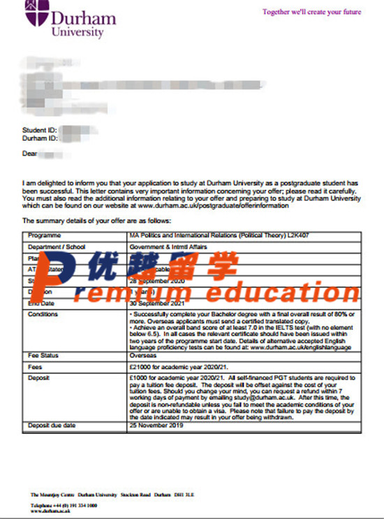 2020offer：恭喜劉同學獲得杜倫大學(世界排名：78)政治與國際關系專業(yè)碩士通知書