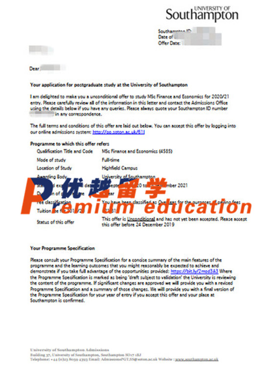 2020offer：恭喜李同學獲得南安普頓大學(世界排名：97)金融經(jīng)濟學專業(yè)碩士通知書
