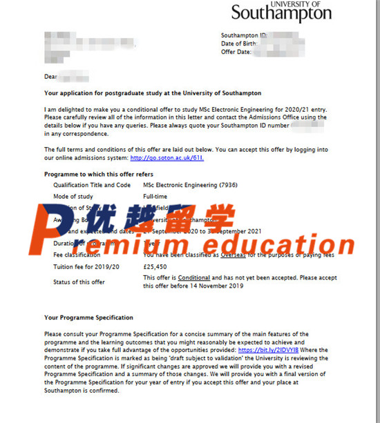 2020offer：恭喜章同學獲得南安普頓大學(世界排名：97)電子工程專業(yè)碩士通知書