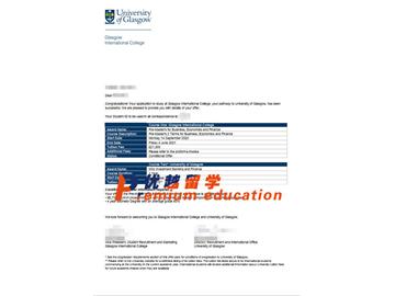 2020offer：恭喜周同學獲得格拉斯哥大學(世界排名：67)商科、經濟和金融碩士預科通知書