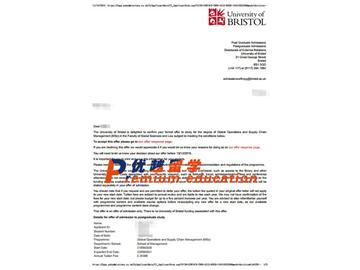 2020offer：恭喜朱同學(xué)獲得布里斯托大學(xué)(世界排名：49)全球運(yùn)營與供應(yīng)鏈管理專業(yè)碩士通知書