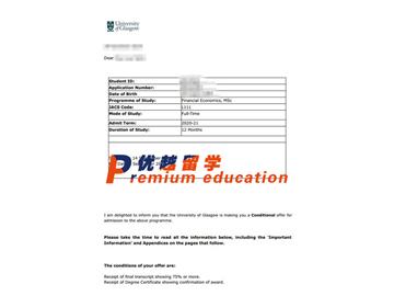 2020offer：恭喜肖同學(xué)獲得格拉斯哥大學(xué)(世界排名：67)金融經(jīng)濟(jì)學(xué)專業(yè)碩士通知書
