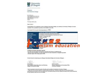 2020offer：恭喜朱同學獲得格拉斯哥大學(世界排名：67)商科、經(jīng)濟和金融碩士預科通知書