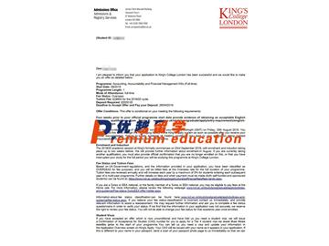 2020offer：恭喜張同學獲得倫敦國王學院(世界排名：33)會計、責任與財務管理專業(yè)碩士通知書