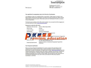 2020offer：恭喜周同學(xué)獲得南安普頓大學(xué)(世界排名：97)英語(yǔ)/英語(yǔ)教學(xué)專(zhuān)業(yè)碩士通知書(shū)