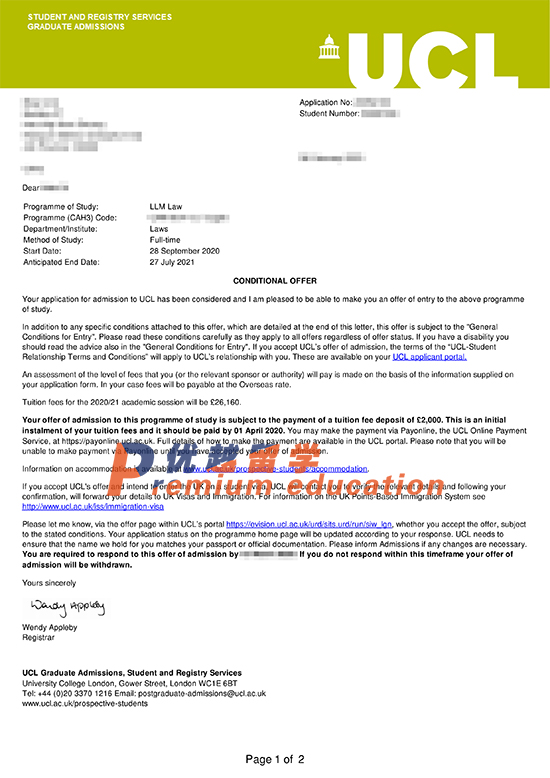 2020offer：恭喜齊同學獲得倫敦大學學院法學專業碩士通知書