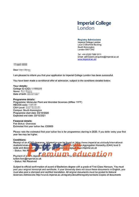 2020offer：恭喜王同學獲得帝國理工大學分子植物和微生物科學專業碩士通知書