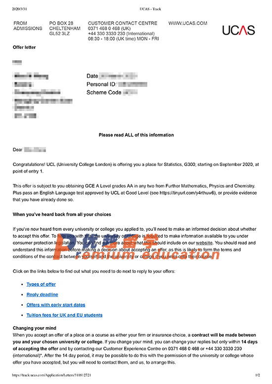 2020offer：恭喜王同學獲得倫敦大學學院統計學本科通知書