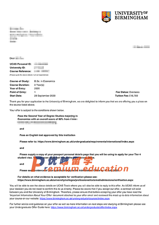 2020offer：恭喜朱同學獲得伯明翰大學經(jīng)濟學專業(yè)理學碩士通知書