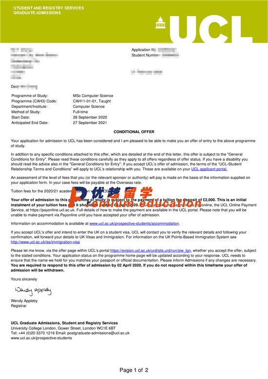 2020offer：恭喜陳同學獲得倫敦大學學院計算機科學專業碩士通知書